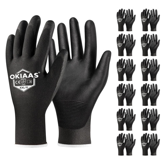 OKIAAS Work Gloves for Men，Ultra Thin and Lightweight Working Gloves with Grip, 12 Pairs Bulk Pack Construction Gloves with Polyurethane Coating for Light Duty Work (Black, XX-Large)