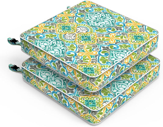 LVTXIII Patio Chair Cushions 22"x22"x3", Water-Repellent Outdoor Seat Cushions for Patio Furniture, Square Chair Pads with Ties for Home Garden Decoration, Set of 2, Damask Green