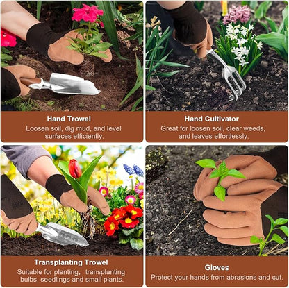 MelonArt Garden Tool Set, 4 Pieces Heavy Duty Gardening Hand Tool Kit Aluminum for Women Men Planting Including Hand Shovel, Transplant Shovel and Hand Rake with Non Slip Rubber Handle and Gloves