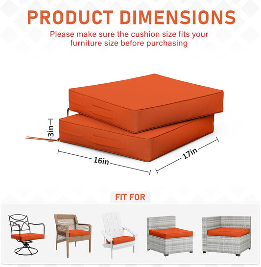 Patio Chair Cushions 17 X 16 X 3 Inch Waterproof Outdoor Seat Cushions for Patio Furniture, Outdoor Sofa Couch Pads with Ties & Handle, Set of 2, Orange