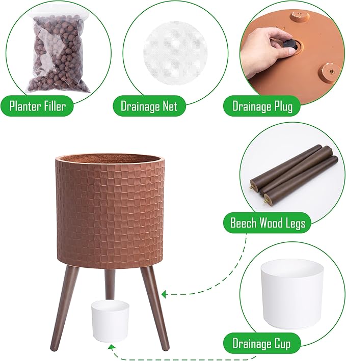 D'vine Dev 12 Inch Modern Geometric Tile Patterned Sleek Planter Pot with Stand, Indoor Outdoor Decorative Plant Holder, Terra Cotta, 88-Z-C-3