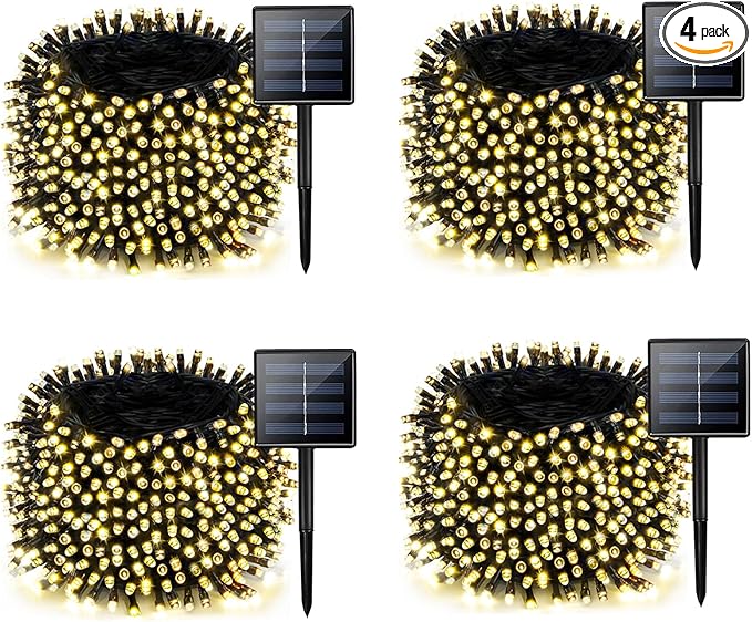 4 Pack Solar Chrismas Lights Outdoor, 170 FT Total 480 LED Solar String Lights for Outside with 8 Modes & Memory Function, Waterproof Twinkle Light for Xmas Tree Yard Party Decorations (Warm White)