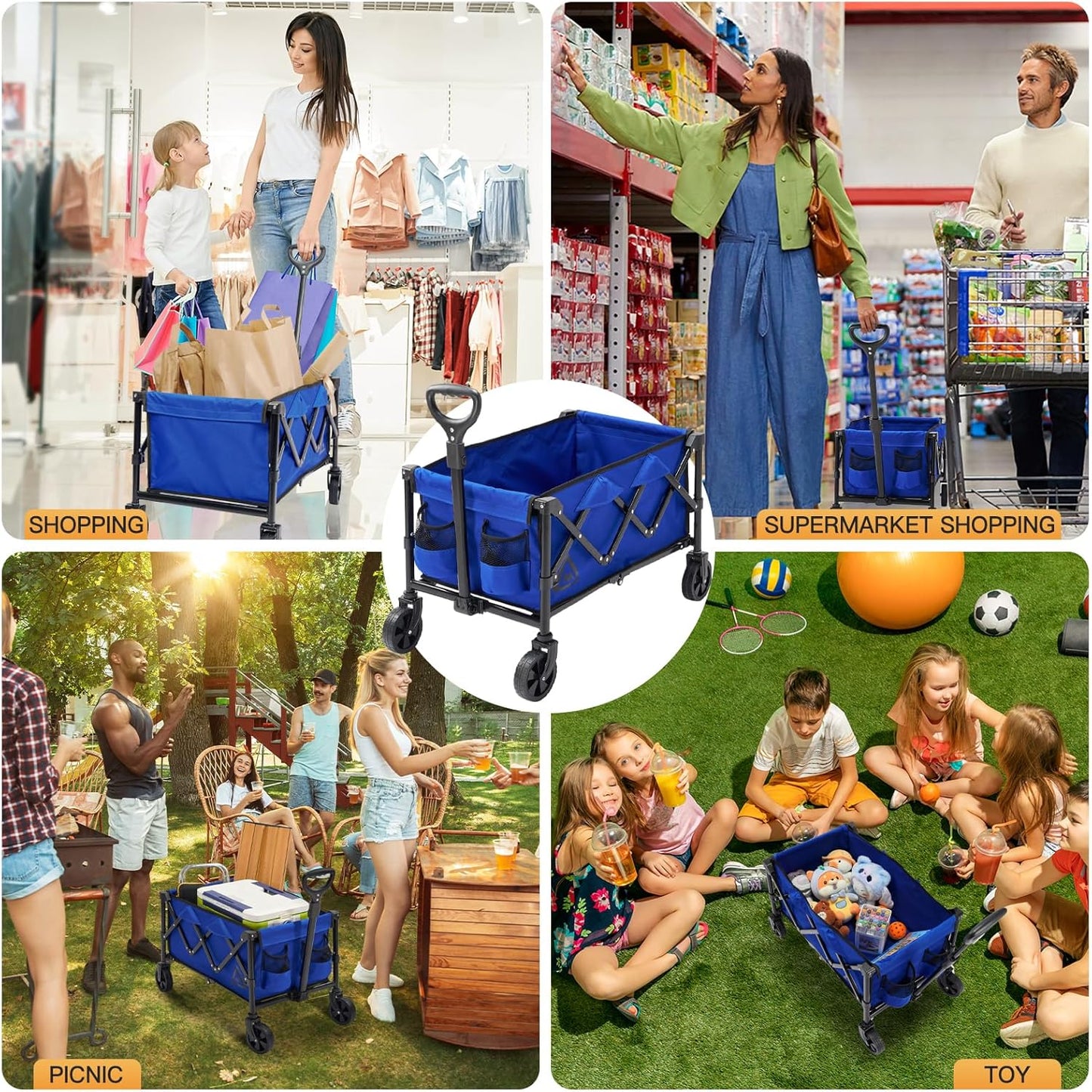 Wagon Cart Shopping Foldable Folding Collapsible with Wheels Big On Beach Garden Outdoor Grocery Heavy Duty Utility All Terrain Portable Wagons Carts for Groceries Sand Camping Sports Blue