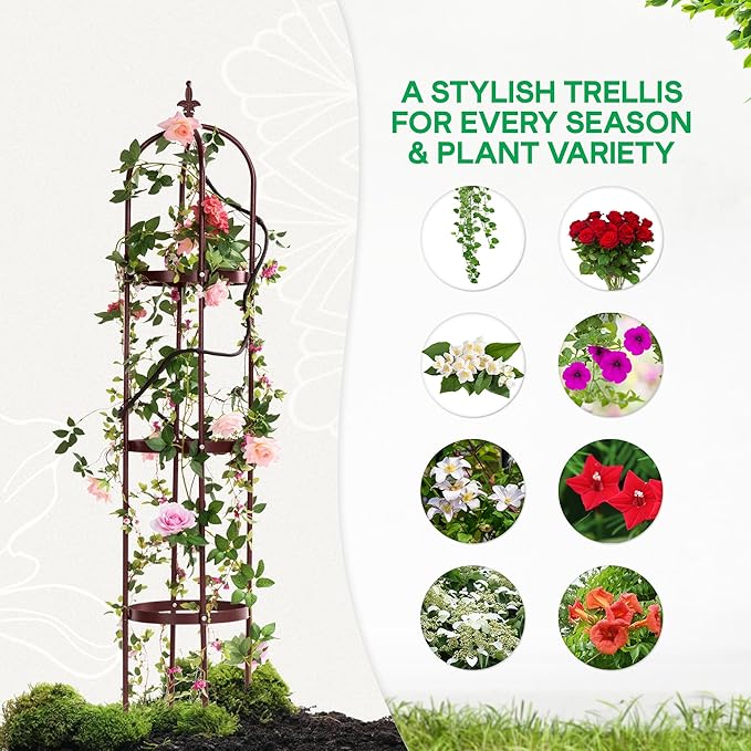 Idzo Trellis for Climbing Plants Outdoor, Garden Trellis Steel, Obelisk Design Stone-Look Finish, 2025 Bronze Color, Vertical Support for Climbing Plants, Decorative for Outdoor & Indoor Use