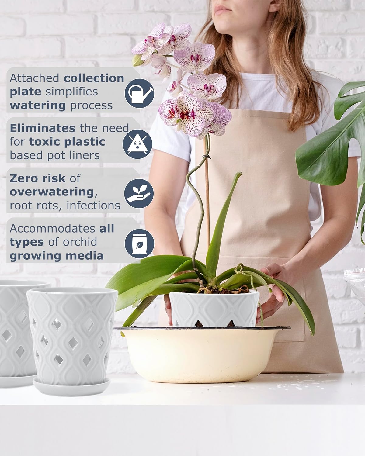Whispering Winds Ceramic 5 x 6 Inch Orchid Pot with Holes & Saucer for Aeration and Drainage - Decorative Orchid Pots for Repotting, Prevent Over Watering & Root Rot (Carrara White)