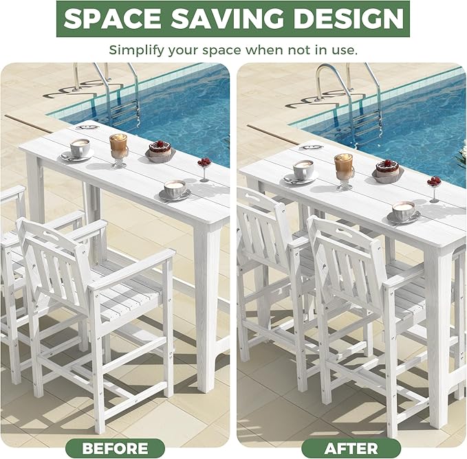 HDPE Outdoor Patio Bar Set with High Top Table and 2 Adirondack Chairs, All-Weather Bar Height Outside Rectangular Pub Furniture for Bistro, Garden, Backyard, Deck | 3-Pieces, White