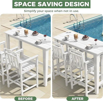 HDPE Outdoor Patio Bar Set with High Top Table and 2 Adirondack Chairs, All-Weather Bar Height Outside Rectangular Pub Furniture for Bistro, Garden, Backyard, Deck | 3-Pieces, White