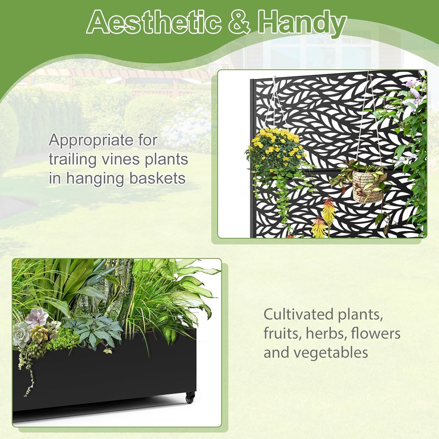 Raised Garden Bed with Trellis and Wheels,73"x47"x16" Metal Raised Garden Bed,Black Flowing Leaf Metal Planter with Climbing Trellis for Vines & Vegetables