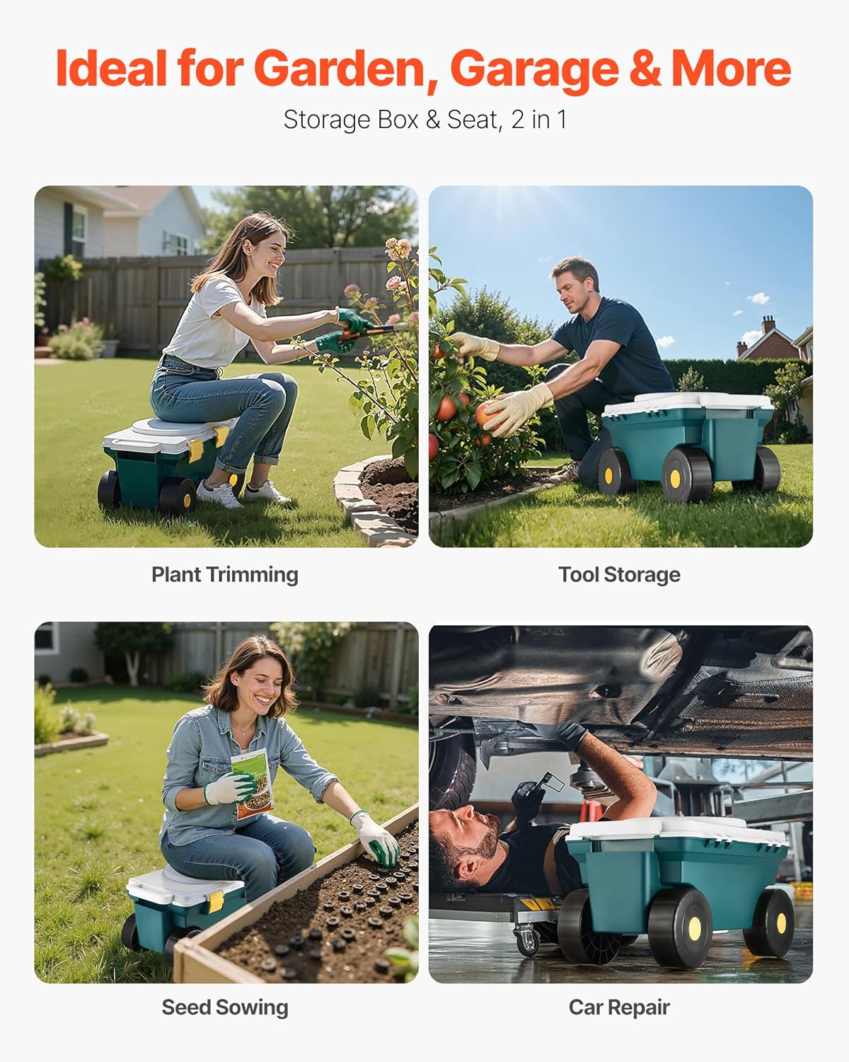 VEVOR Garden Scooter with Seat, 2 in 1 Rolling Garden Cart with Storage Bin, Supports up to 227 lbs, Outdoor Wagon with Handle, Lightweight Storage Gardening Stool for Yard Weeding Planting