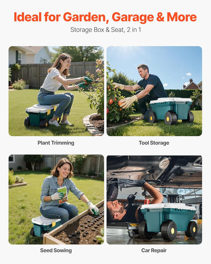 VEVOR Garden Scooter with Seat, 2 in 1 Rolling Garden Cart with Storage Bin, Supports up to 227 lbs, Outdoor Wagon with Handle, Lightweight Storage Gardening Stool for Yard Weeding Planting
