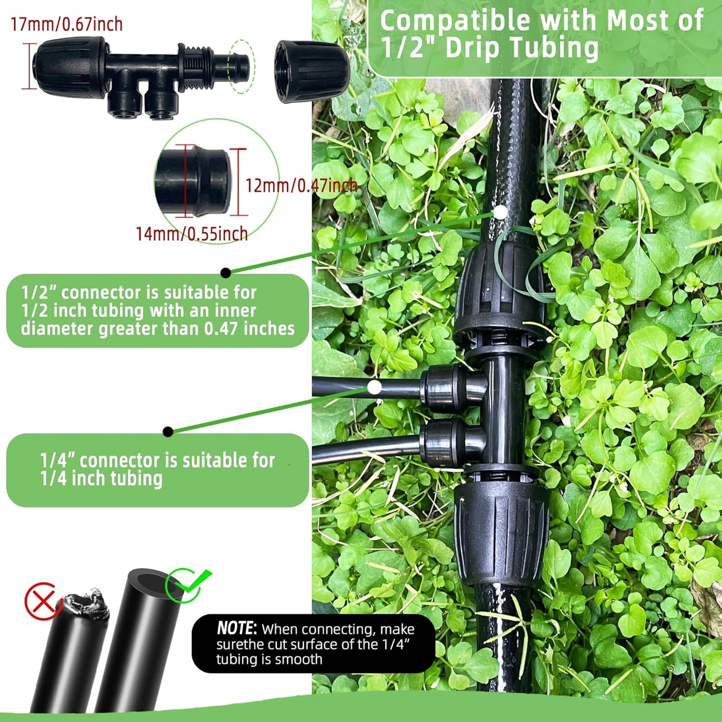 6 Pack 1/2'' to 1/4'' Drip Irrigation Fittings, Push-to-Connect 4 Way Drip Irrigation Part Barbed Tee Connectors, Anti-leak Locked Splitter Fitting for 1/2" Irrigation Tubing (0.6''-0.67''OD)