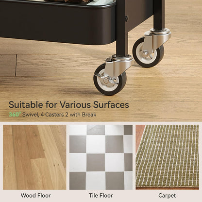 3 Tier Rolling Cart,Utility Cart with Locking Wheels, Hanging Cups & Hooks, Heavy Duty Metal Storage Organizer Cart for Kitchen,Office, Bathroom,Craft Room,Black