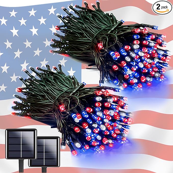EEW 2 Pack 200 LED Red White and Blue Solar String Lights Outdoor Waterproof, Solar Powered LED Patriotic Lights, Solar Tree Lights for Independence Day Decor 4th of July Memorial Day Decorations