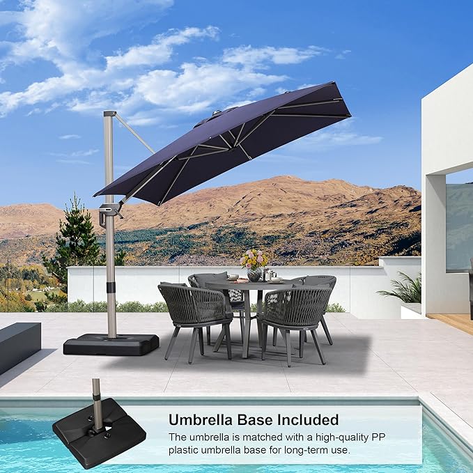 PURPLE LEAF Patio Umbrella with Base Included, 8ft Outdoor Aluminum Cantilever Umbrella with 360° Rotation, Champagne Offset Umbrella for Outdoor Garden Pool, Navy Blue