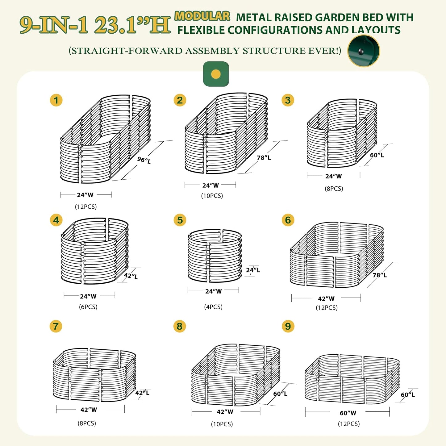 MUPATER Galvanized Raised Garden Bed 8x2x2ft, 9-in-1 Metal Raised Planter Box with Aluminum Support Rods Oval for Outdoor Vegetable Flower, Backyard and Patio, Green