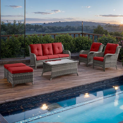 Outdoor Patio Wicker Furniture Set - 6 Piece Rattan Patio Conversation Sectional Sofa Set with 1 Couch,2 Armchairs,2 Ottomans and 1 Glass Top Coffee Table for Porch Deck Garden(Mixed Grey/Red)