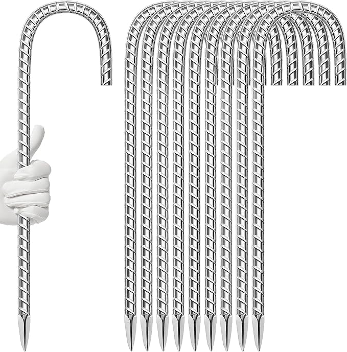 10 Pack Ground Garden Rebar Stakes Rebar 16 Inch Anti-Rust Galvanized Steel J Shape Hook Heavy Duty Ground Anchors for Tents, Position Kits,Fences, and Trampolines Landscape Fabric