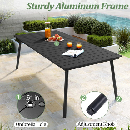 Outdoor Dining Table for 6-8, 82.7 inch Patio Dining Table with Wooden-Like Top and Aluminum Frame, Rectangular Table with Umbrella Hole Outdoor Furniture, Only Table, Black