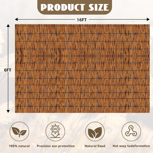 Bamboo Reed Fencing, Light Russet Bamboo Fence Rolls 6 Feet High, Decorative Privacy Screen Reed Curtains for Patio Balcony Garden Backyard Outdoor, 6 x 16 FT