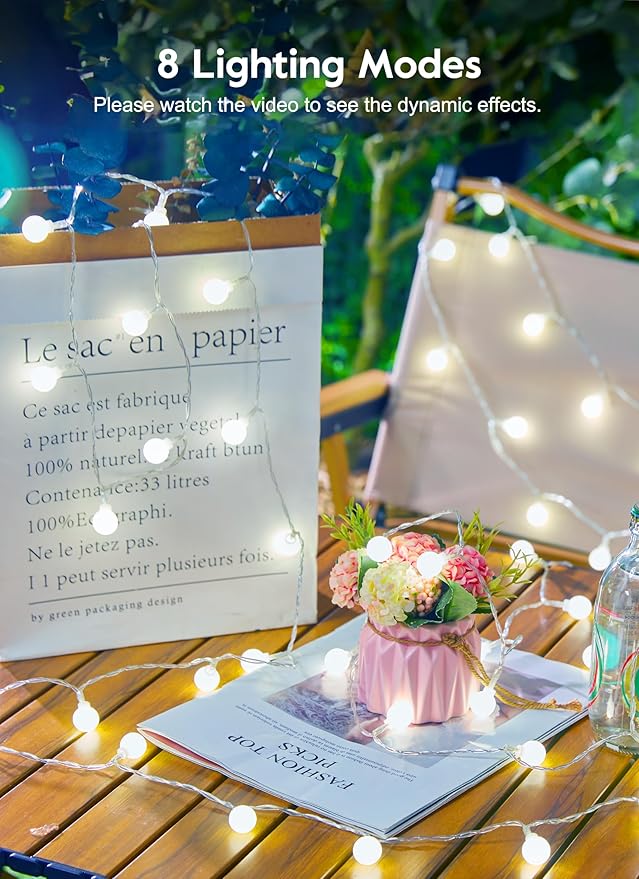 Brightown Solar Lights Outdoor Waterproof, 19.6Ft 60 LED Globe Solar String Lights for Outside, 8 Modes Outdoor Solar Lights for Yard Balcony Patio Tree Canopy Party (Pure White)