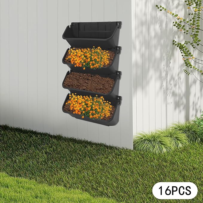 16 Pack Wall-Mounted Vertical Wall Planter Stackable Wall Planter Indoor Outdoor, Garden Self Watering Wall-Mounted Plastic Planter Plant Flower Pot Holder for Vegetable Fruit Herb