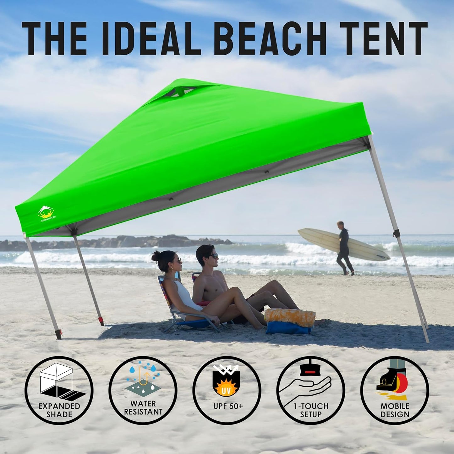 CROWN SHADES 10x10 Pop Up Canopy - Beach Tent with One Push Setup - Easy Outdoor Sun Shade for Events, Parties, Camping - Gazebo with STO-N-Go Cover Bag, Silver Coated Top, Green