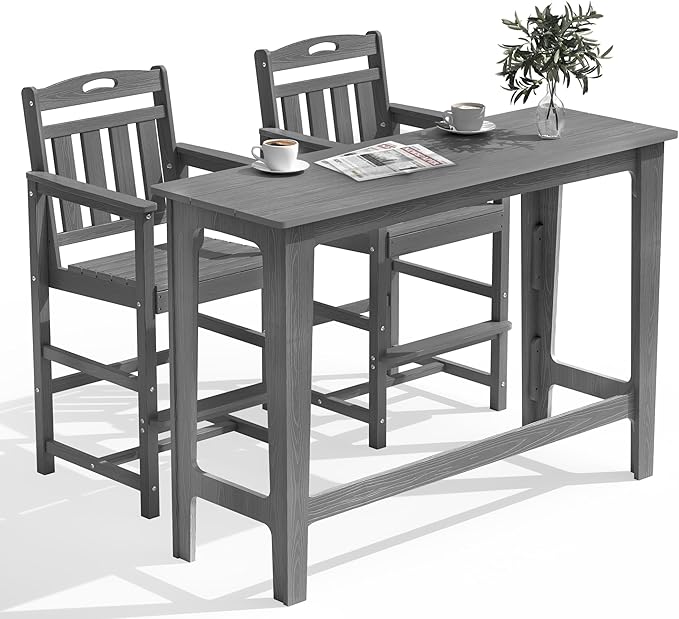 HDPE Outdoor Patio Bar Set with High Top Table and 2 Adirondack Chairs, All-Weather Bar Height Outside Rectangular Pub Furniture for Bistro, Garden, Backyard, Deck | 3-Pieces, Grey