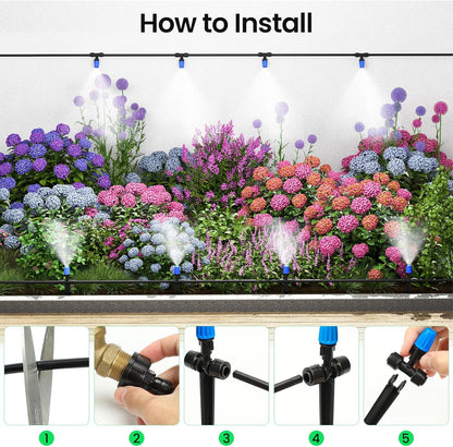 MIXC 65FT Greenhouse Watering System- Quick Efficient Connector Hanging Plant Watering System Automatic Mist Irrigation Kit with 1/4" Blank Tubing and Misting Nozzles