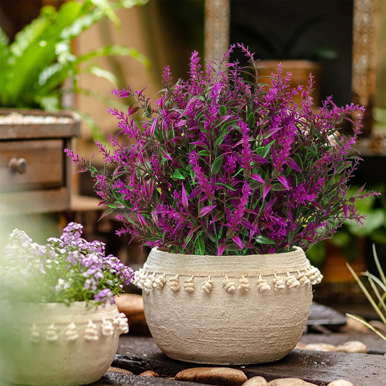 8 Pack Artificial Plants Flowers Grass Shrubs Lavender No Fade Faux Plastic Flowers Outdoor for Farmhouse Garden Porch Patio Indoor Wedding Decoration Greenery Fake Plants uv Resistant