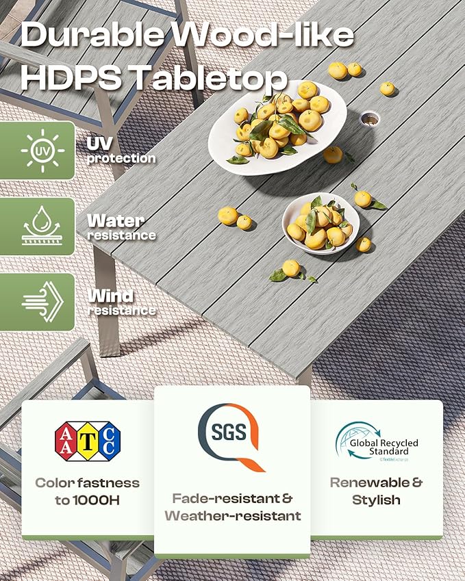 Outdoor Dining Set for 6, Patio Table and Chairs Set with Umbrella Hole, 7 Pieces HDPS Outdoor Furniture Sets for Patio, Garden, Backyard (Silver & Gray)