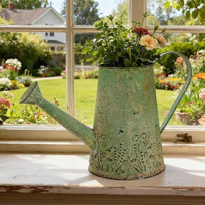 Vintage Green Metal Watering Can, Functional Garden Waterer with Floral Embossed for Indoor Outdoor Plant Care, Rustic Decor for Home Garden Patio
