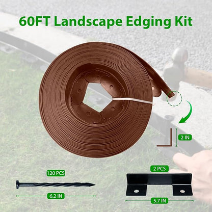 Landscape Edging Border 60 FT 2 Inch Tall with 120 Spikes, Plastic Edging for Landscaping, Garden Edging Border, Flower Bed, Paver and Lawn Edging Border, Brown