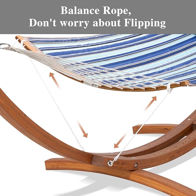 SUNCREAT Hammocks Standing Backyard Hammock with Stand, 2 Person Heavy Duty Hammock with 13.5 ft Wooden Stand, Blue Stripe