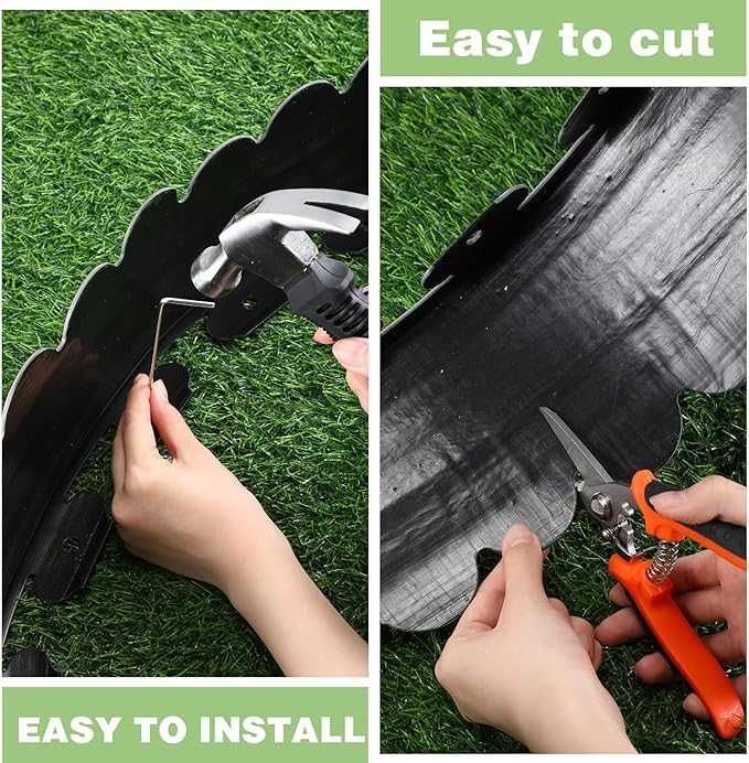 6 Inch Tall 33 ft Length No Dig Landscape Plastic Edging Kit with Hammer Spikes Plastic Garden Flower Bed Edging Landscape Edging Border for Gardens Border Lawn Grass Yard (Black,Wave)