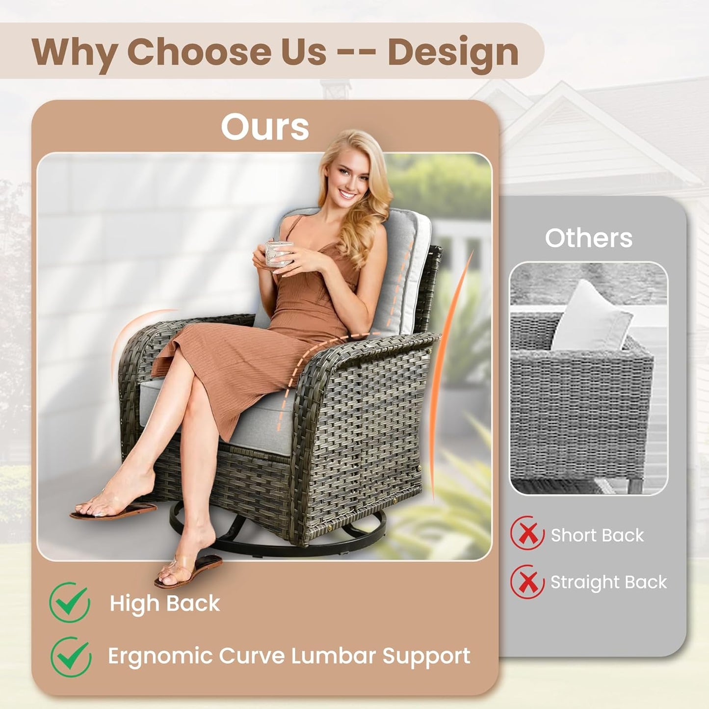 HOOOWOOO Patio Furniture Set,8 Pieces Outdoor Conversation Set,All Weather Wicker Loveseat Sofa Set with High Back Swivel Rocking Chairs Tables,Light Gray