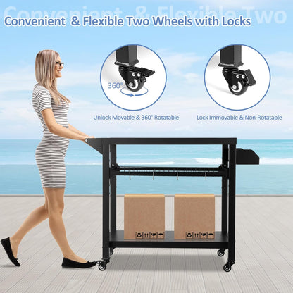 Spurgehom Grill Cart, Pizza Oven Stand Table with Wheels, Outdoor Movable Kitchen Cooking Prep Table BBQ Cart with Mesh Racks for Home Party, Bar, Camping