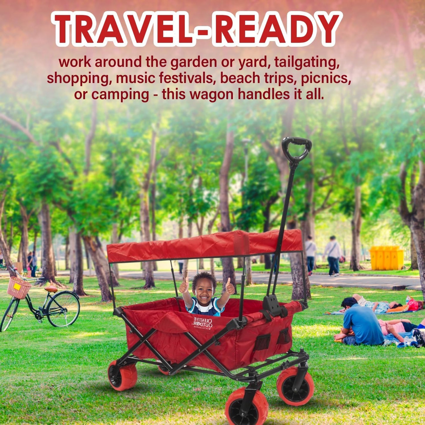 Creative Outdoor Push Pull Stroller Wagon for Kids, 150lbs Weight Capacity, All-Terrain Collapsible Folding Cart with Canopy for Cargo, Beach, Park, Garden, Camping & Tailgate