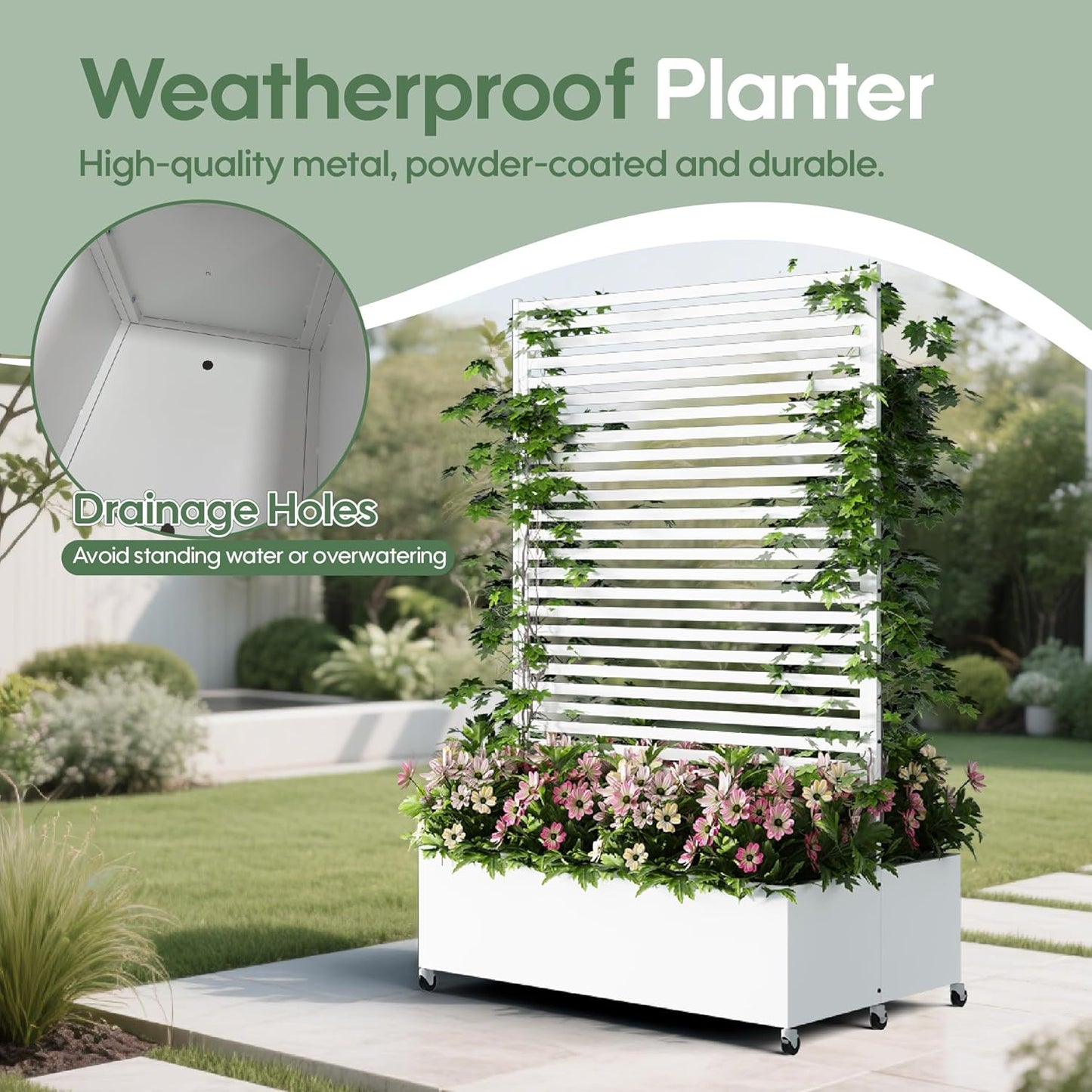 Double Metal Planter Box with Trellis Privacy Screen, Raised Garden Bed with Trellis & Wheels, Planter Box Outdoor with Drainage Holes for Climbing Plants, Vegetable, Vines,73"x 47"x 30", White