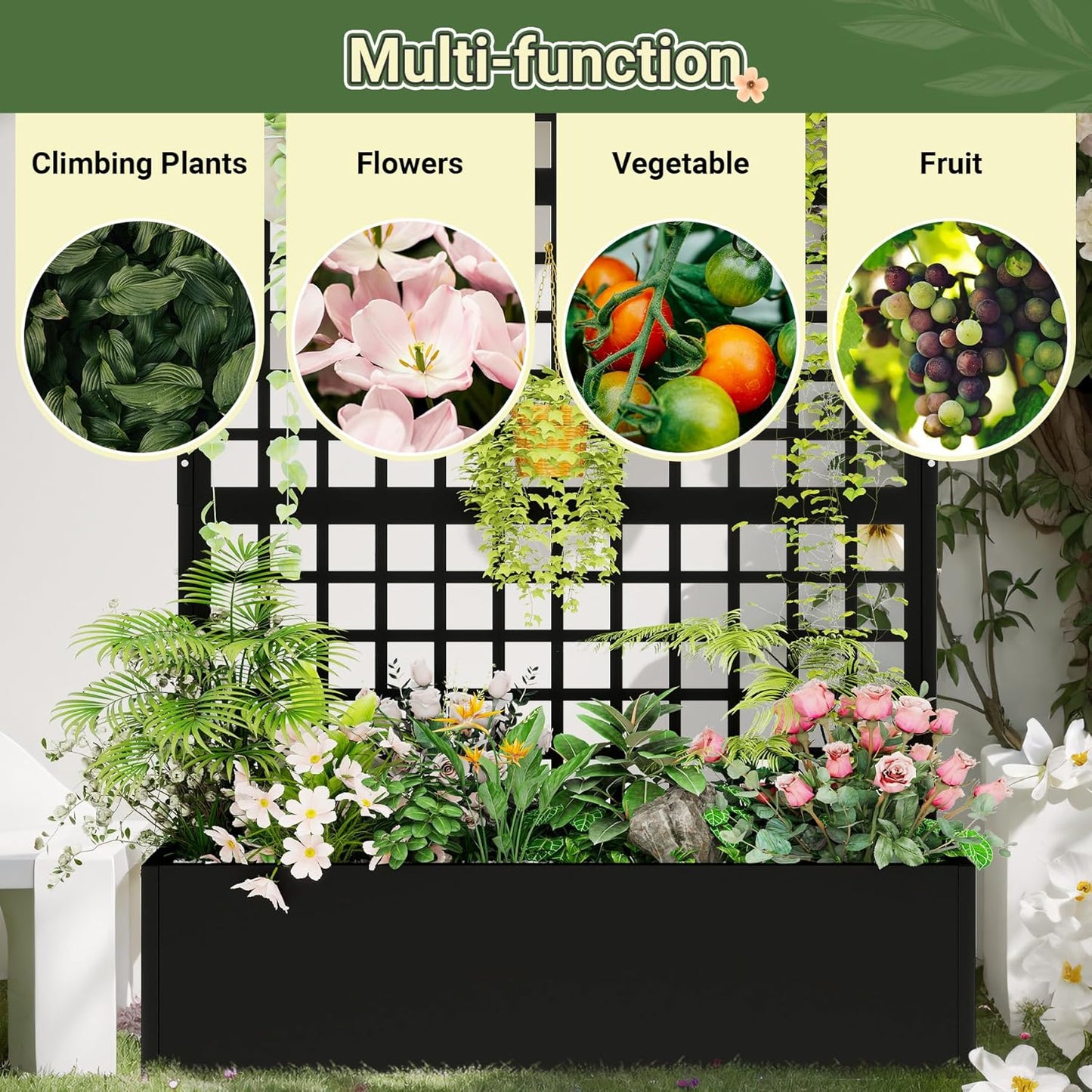 Metal Planter with Trellis 72" x 47’’ x 16", Raised Garden Bed with Trellis, Planter Box with with Privacy Screen for Climbing Plants, Flowers, Vegetables, Fruits