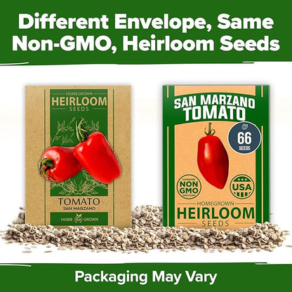 HOME GROWN San Marzano Tomato Seeds – 66 Heirloom, 𝗡𝗢𝗡-𝗚𝗠𝗢, 𝗨𝗦𝗔-𝗦𝗢𝗨𝗥𝗖𝗘𝗗 Seeds – High Germination Tomatoes for Indoor & Outdoor Growing – Classic Paste Variety for Gardeners & Home Use
