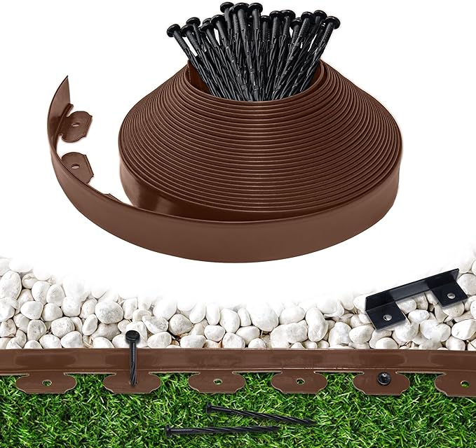 Landscape Edging Border 60 FT 2 Inch Tall with 120 Spikes, Plastic Edging for Landscaping, Garden Edging Border, Flower Bed, Paver and Lawn Edging Border, Brown