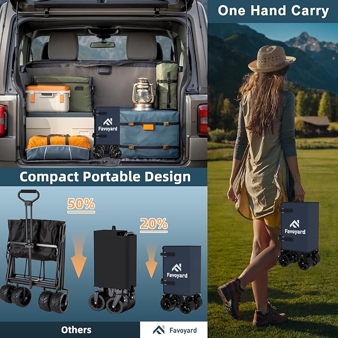 Favoyard Collapsible Wagon Carts Foldable 150L & 360LBS Portable Folding Wagons with All-Terrain Wheels & Brakes Heavy Duty Outdoor Utility Cart for Beach Grocery Camping Shopping Sports Garden, Blue
