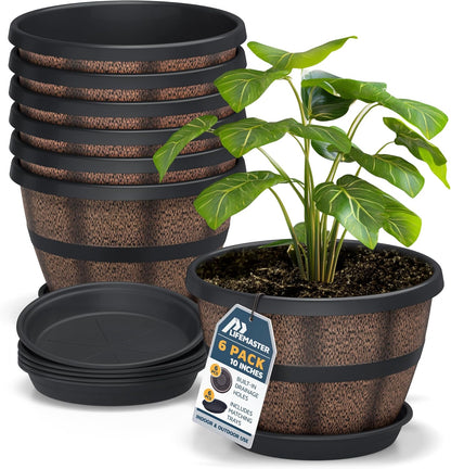 10-Inch Whiskey Barrel Planters Outdoor Pack of 6, Plastic Decoration Plant Pots for Indoor & Outdoor Use with Drainage & Saucer, Rustic Garden Planters for Flowers, Small Plants & Herbs