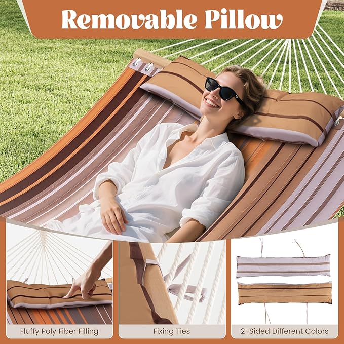 Tangkula 10.5FT Double Hammock, Heavy Duty Outdoor Hammock with Curved Spreader Bars, Detachable Pillow, 2 Person Hammocks for Outside, Porch, Patio (Stand is not Included) (Coffee)