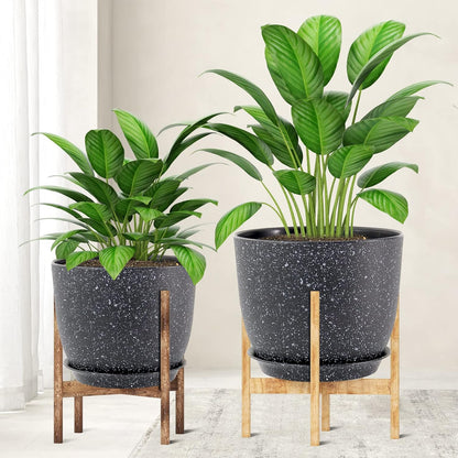 Modern Plant Pots Set, 9/8/7.5 inch Plastic Planters for Indoor Plants, Stylish Flower Pots with Drainage Holes and Saucers for House Plants and Flowers, Black Speckles