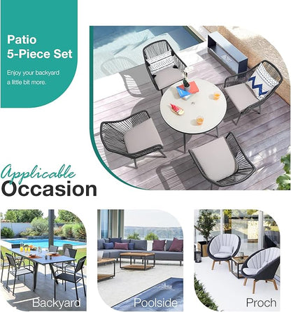 Patiorama 5-Piece Patio Dining Set, Outdoor Dining Table Chair Set, All-Weather Twisted Rattan Wicker Rope Conversation Set, Patio Furniture Set w/Umbrella Hole, 4 Cushioned Chairs&Glass Table(Black)