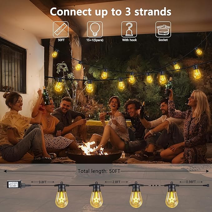LED Christmas Lights, 50FT Patio Lights with 16Pcs Shatterproof S14 Bulb(1 Spare),4 Lighting Mode, Connectable,Waterproof Warm White Edison Plastic Bulb Hanging Light for Yard Gazebo Porch Décor