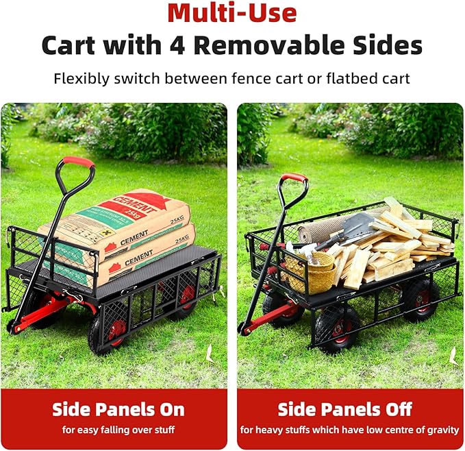 Heavy Duty 880 Lbs Steel Dump Utility Garden Cart, Steel Garden Wagon with Removable Mesh Sides and 10 inch Wheels, Dump Garden Carts with 180° Rotating Handle for Outdoor, Gardening, Farm