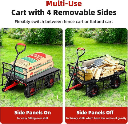 GarveeLife 880 LBS Steel Garden Dump Cart, Heavy Duty Yard Dump Utility Wagon w Removable Mesh Sides, Utility Metal Wagon w 180° Rotating Handle, 10 in Wheels Perfect for Garden, Farm, Yard