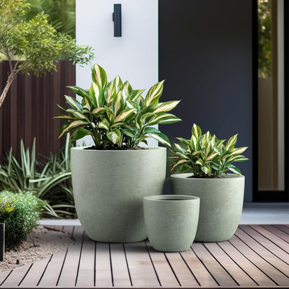 Kante 18",14",10" Dia Concrete Round Planters (Set of 3), Outdoor Indoor Large Planter Pots with Drainage Hole and Rubber Plug for Home Patio Garden, Mint Green
